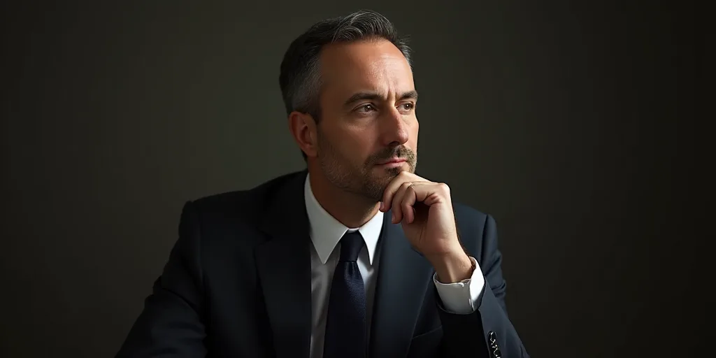 a man in a suit and tie sitting down with his hand on his chin and looking off to the side, Eric de