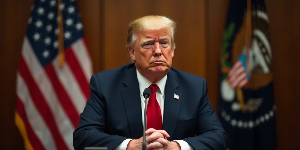 a man in a suit and tie sitting at a desk with a microphone in front of him and a flag in the backgr