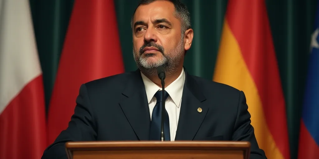 a man in a suit and tie sitting at a podium with flags behind him and a microphone in front of him,