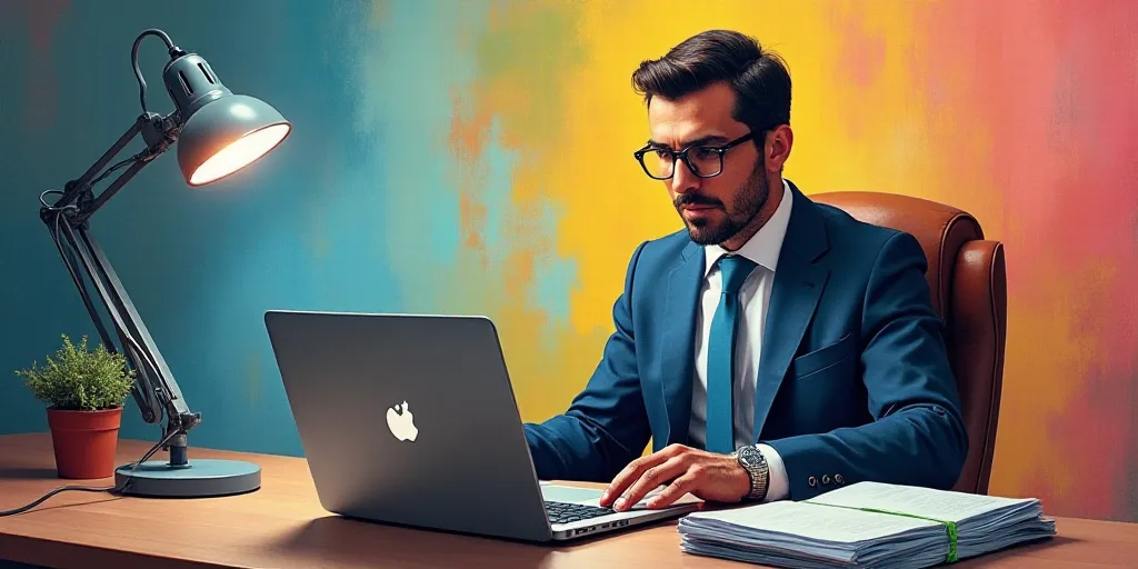 a man in a suit and tie sitting at a desk with a laptop and a keyboard in front of him, david rubín