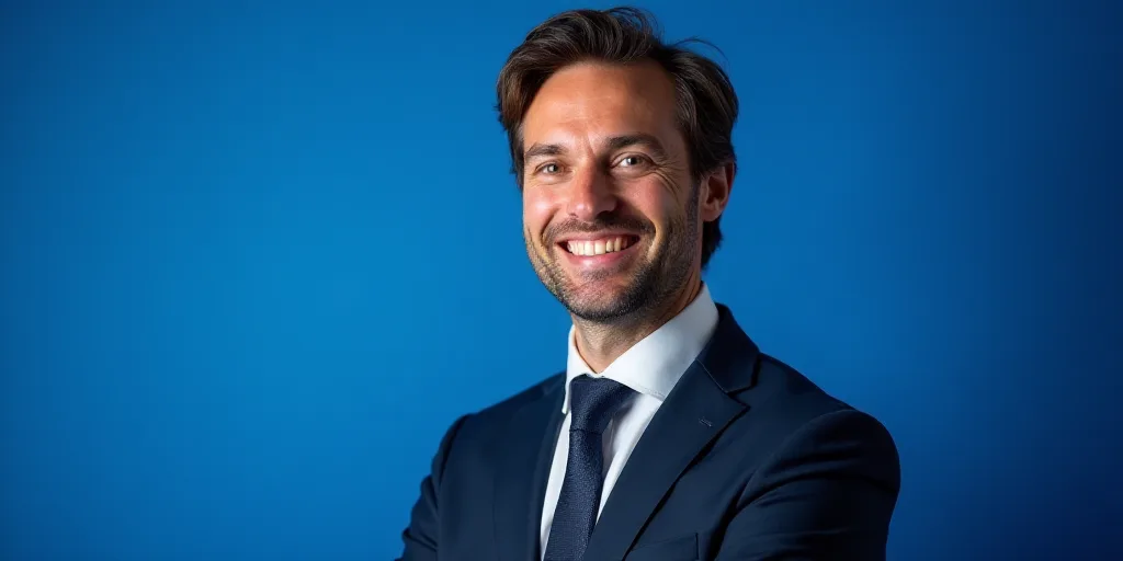 a man in a suit and tie smiling for a picture with a blue background and a blue backdrop behind him,