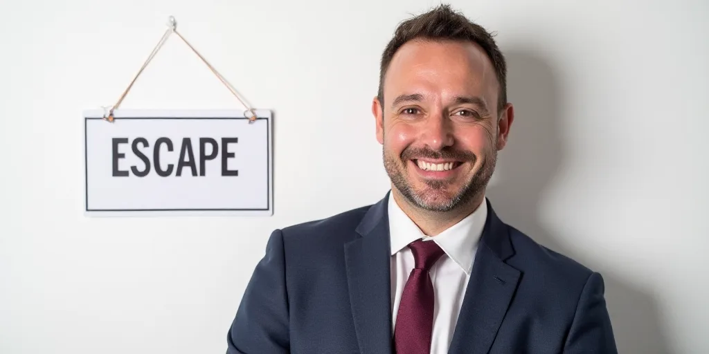 a man in a suit and tie smiling for the camera with a white background behind him and a sign that sa