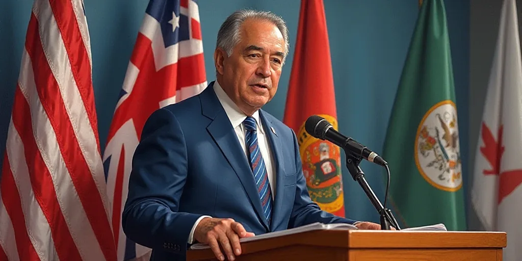 a man in a suit and tie speaking at a podium with flags behind him and a microphone in the foregroun