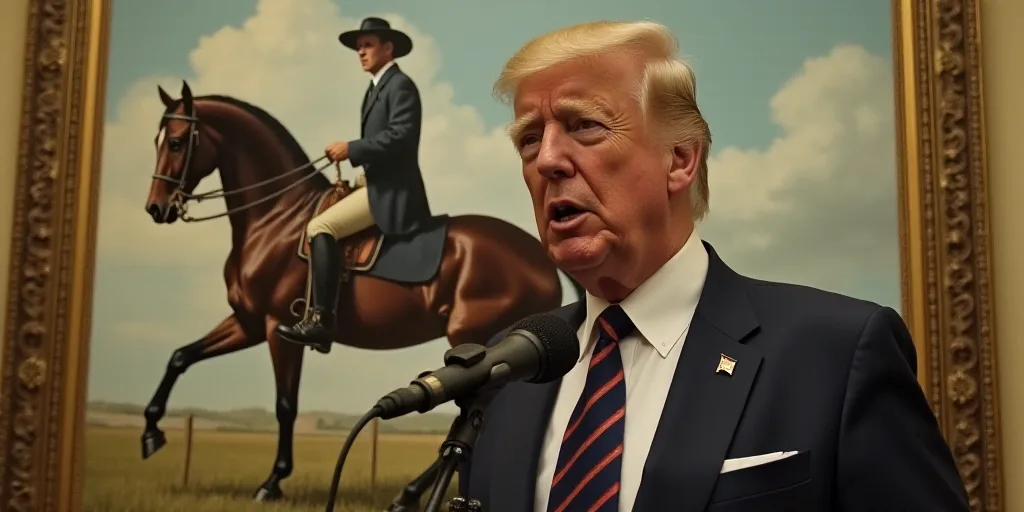 a man in a suit and tie speaking into a microphone in front of a painting of a horse and rider, Dona