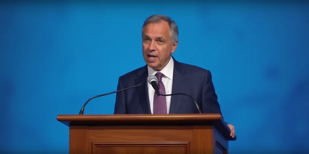 a man in a suit and tie speaking at a podium with a microphone in front of him and a blue backdrop,