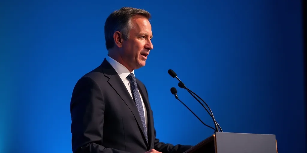 a man in a suit and tie speaking at a podium with a microphone in front of him and a blue background