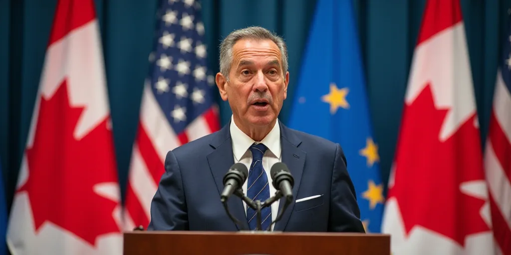 a man in a suit and tie speaking at a podium with flags behind him and a microphone in the foregroun