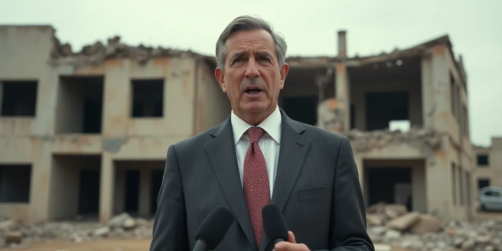 a man in a suit and tie speaking into microphones in front of a destroyed building with a broken roo