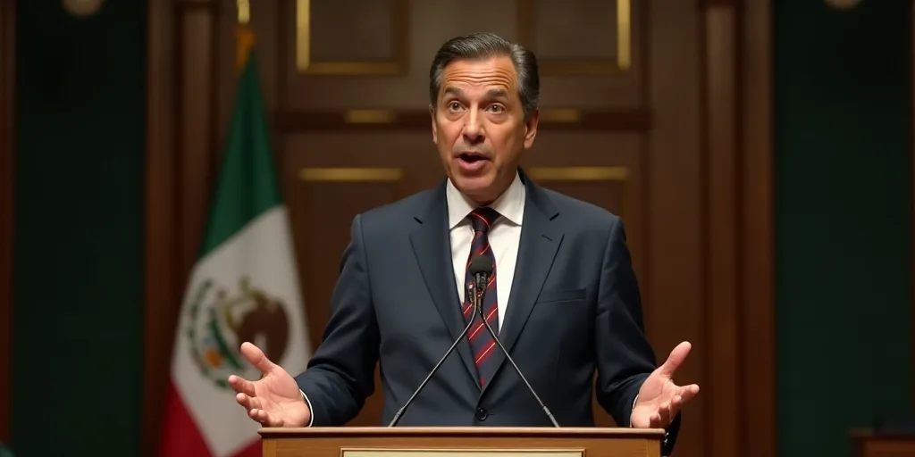 a man in a suit and tie speaking at a podium with a sign behind him that says,'liricacion de mexico