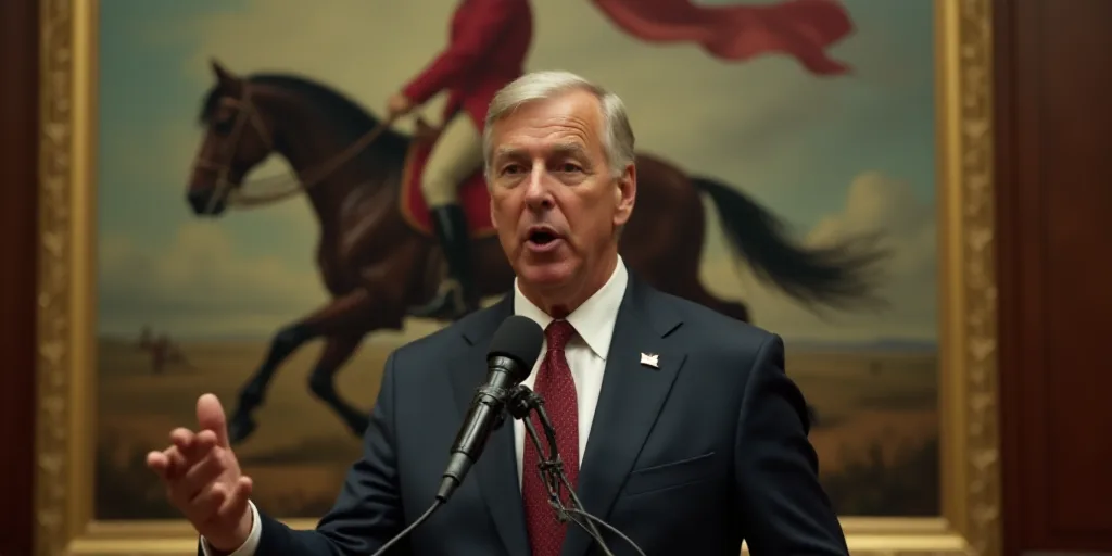 a man in a suit and tie speaking into a microphone in front of a painting of a horse and a flag, Don