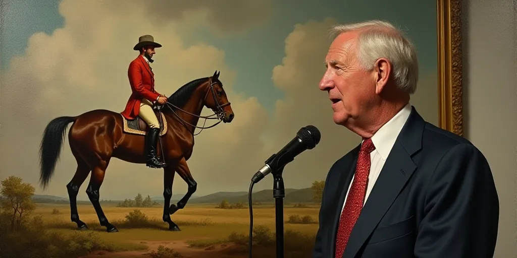 a man in a suit and tie speaking into a microphone in front of a painting of a horse and rider, Dona