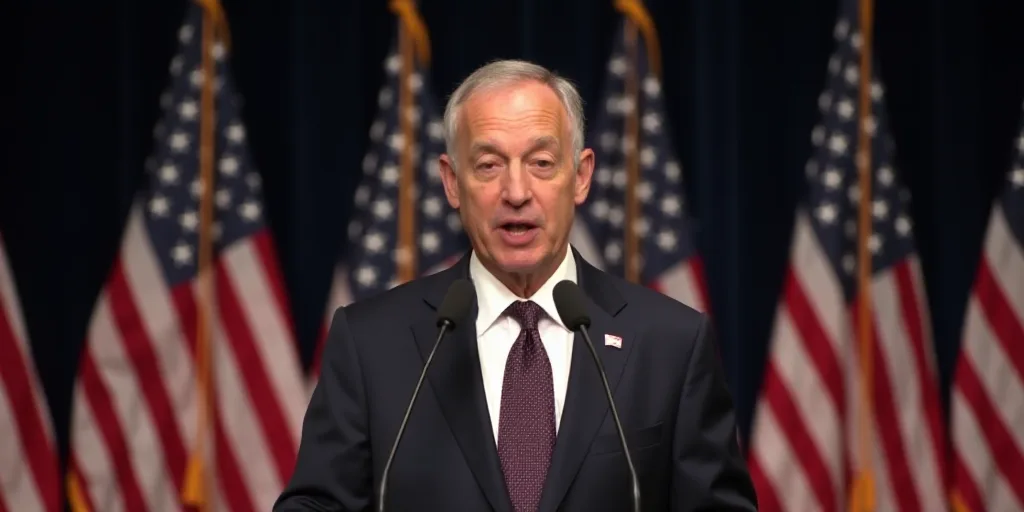 a man in a suit and tie speaking at a podium with flags behind him and a microphone in front of him,