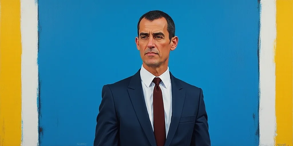 a man in a suit and tie standing in front of a blue background with a white and yellow border, Carlo