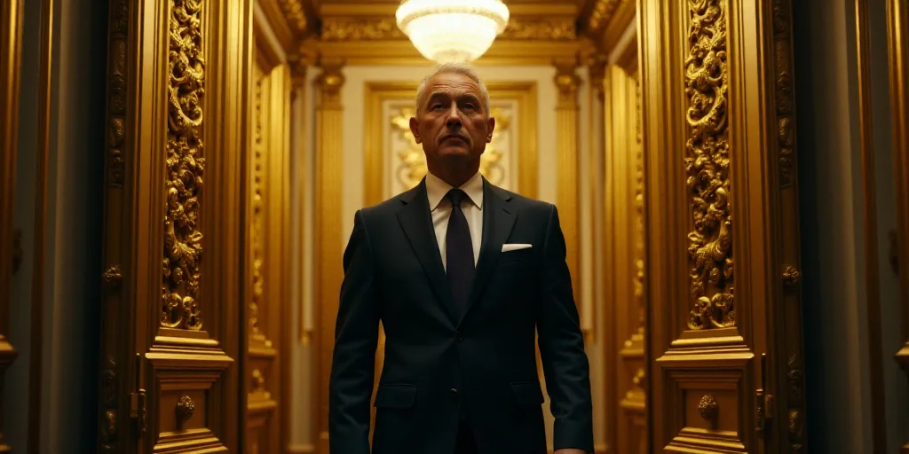 a man in a suit and tie standing in a doorway with gold doors and ornate carvings on the walls, Bori