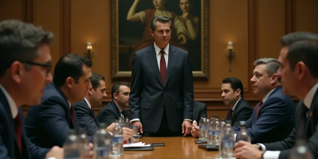 a man in a suit and tie standing at a table with other men sitting at a table with water bottles, Fe