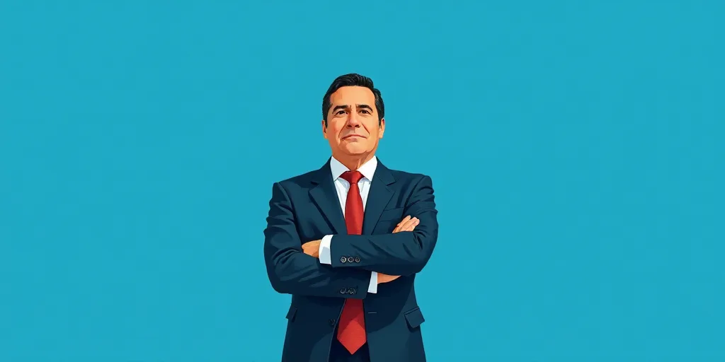 a man in a suit and tie standing with his arms crossed in front of him, with a blue background, Carl