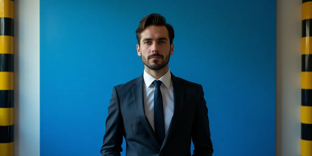 a man in a suit and tie standing in front of a blue background with a black and yellow border, Chris