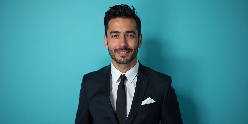 a man in a suit and tie standing in front of a blue background with a black and white photo, Alejand