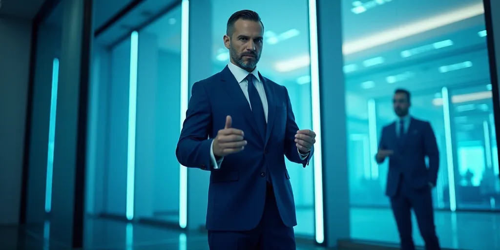 a man in a suit and tie standing in front of a building with a blue background and a man in a suit a
