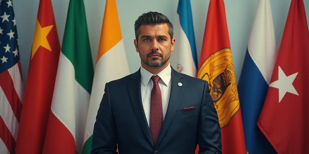 a man in a suit and tie standing in front of flags of different colors and sizes, with a serious loo
