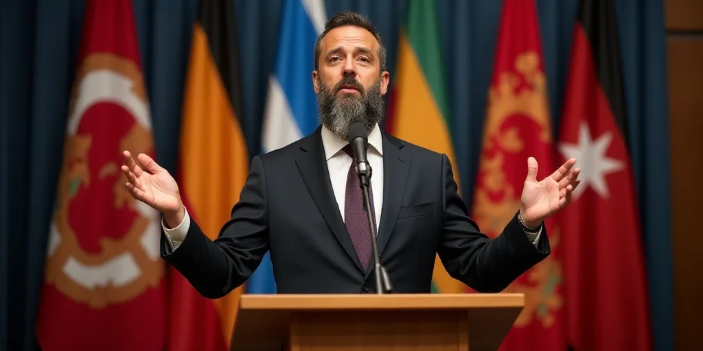 a man in a suit and tie standing at a podium with flags behind him and a microphone in front of him,