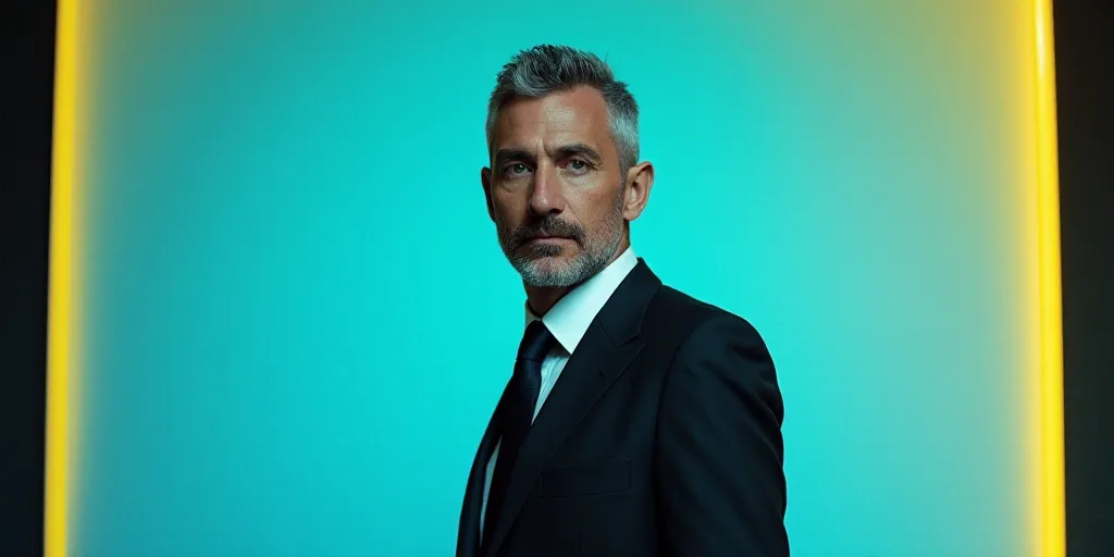 a man in a suit and tie standing in front of a blue background with a black and yellow border, Carlo