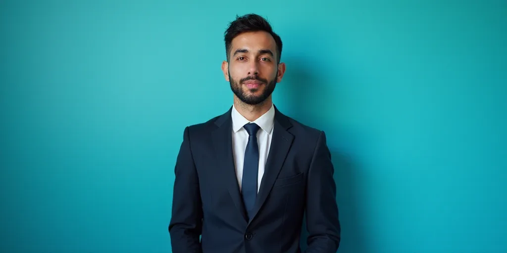 a man in a suit and tie standing in front of a blue background with a black and white photo, Alejand