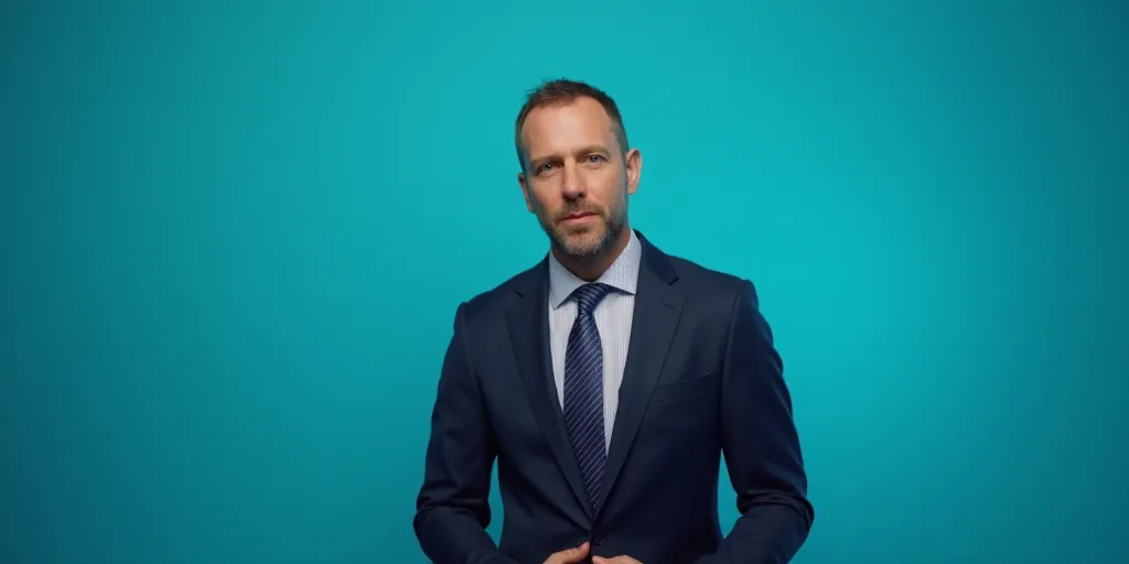 a man in a suit and tie standing in front of a blue background with a caption that reads demeterio s
