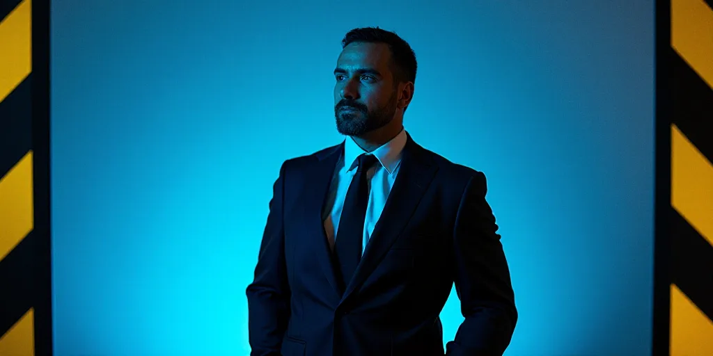 a man in a suit and tie standing in front of a blue background with a black and yellow border, Eduar