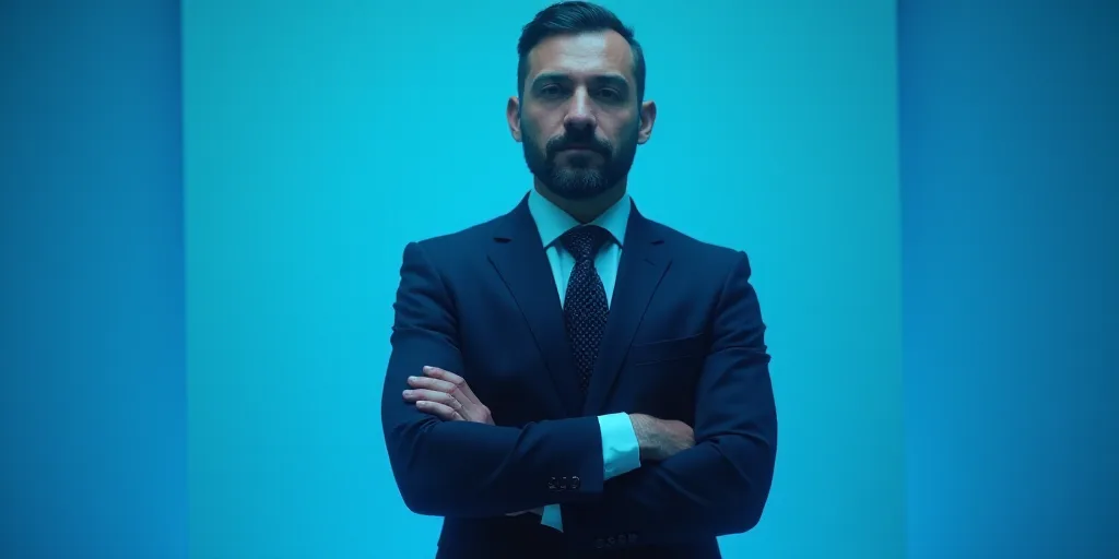 a man in a suit and tie standing with his arms crossed in front of him with a blue background, Estua