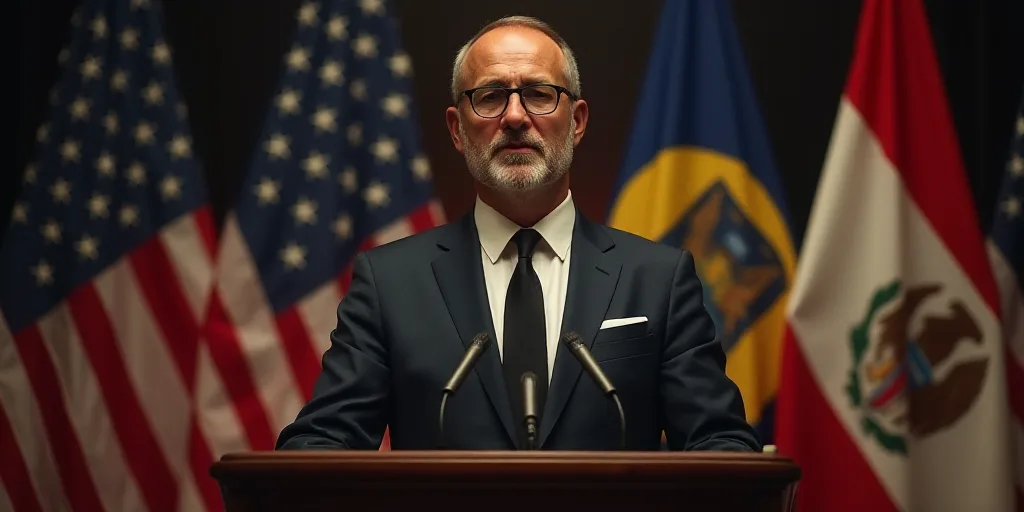 a man in a suit and tie standing in front of flags and a microphone in front of a podium, Emerson Si