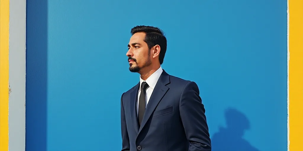 a man in a suit and tie standing in front of a blue background with a white and yellow border, Carlo