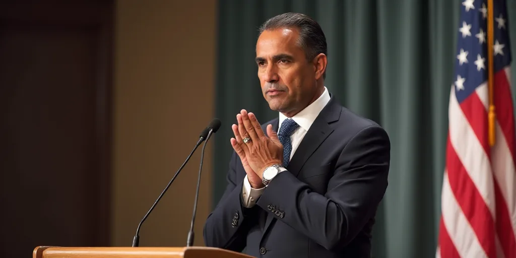 a man in a suit and tie standing at a podium with his hands clasped to his face and a flag behind hi