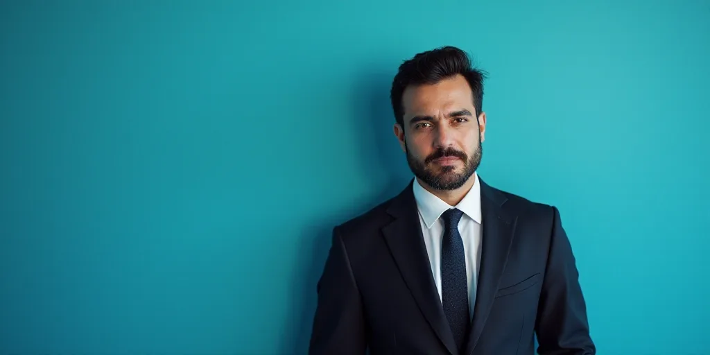 a man in a suit and tie standing in front of a blue background with a black and white photo, Alejand
