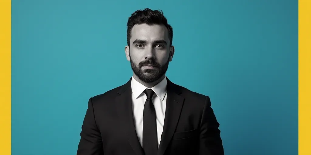 a man in a suit and tie standing in front of a blue background with a yellow border and a black and