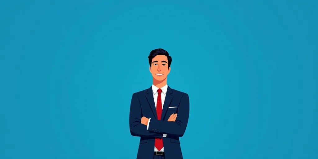 a man in a suit and tie standing with his arms crossed in front of him, with a blue background, Carl