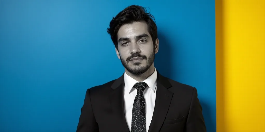 a man in a suit and tie standing in front of a blue background with a yellow border and a black and