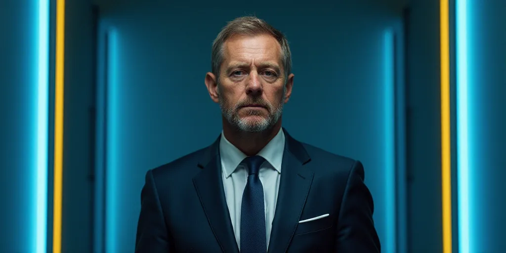 a man in a suit and tie standing in front of a blue background with a white and yellow border, Edwar