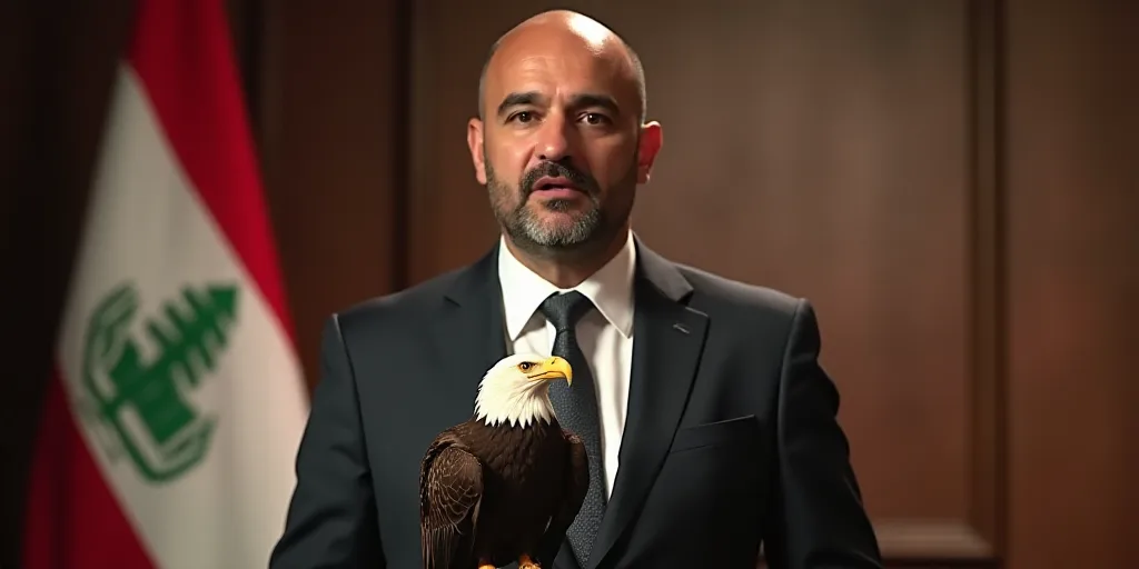 a man in a suit and tie standing in front of a flag and a microphone with a bald eagle on it, Boucht