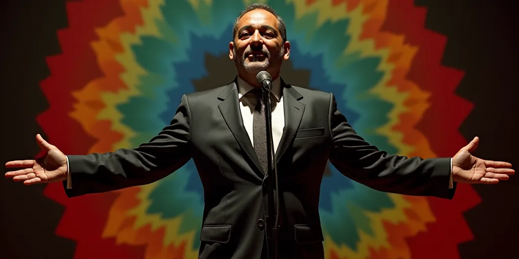 a man in a suit and tie standing in front of a microphone and a microphone stand with his arms out,