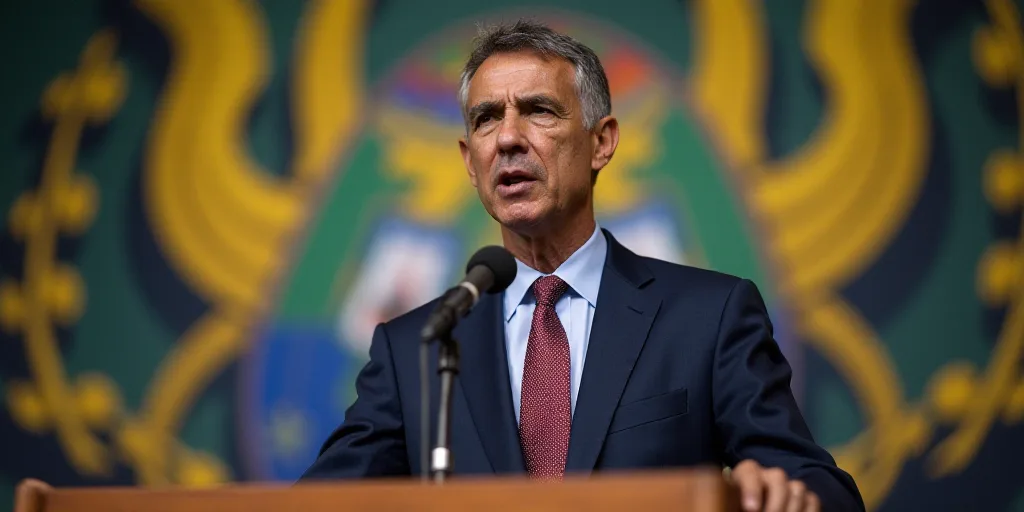 a man in a suit and tie standing at a podium with a microphone in front of a banner behind him, Fede