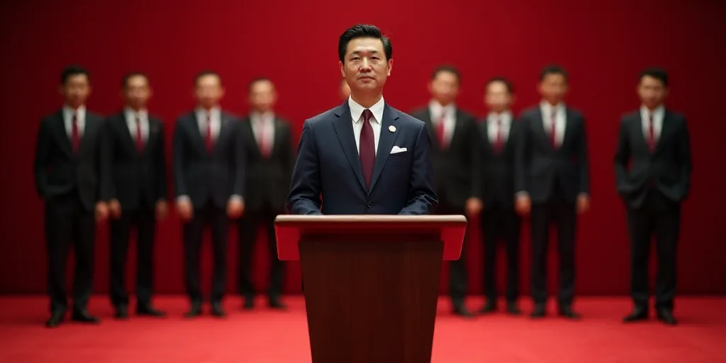 a man in a suit and tie standing behind a podium with other men in suits behind him and a red carpet