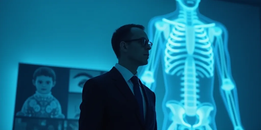 a man in a suit and tie standing in front of a blue background with a black and white photo, Edward