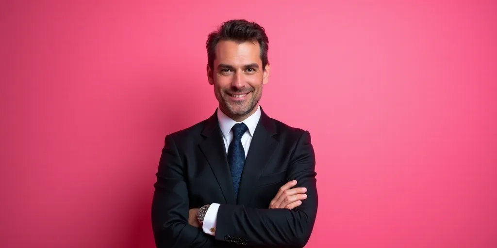 a man in a suit and tie standing with his arms crossed and smiling at the camera, with a pink backgr