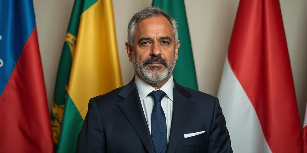 a man in a suit and tie standing in front of flags of different colors and sizes, with a serious loo