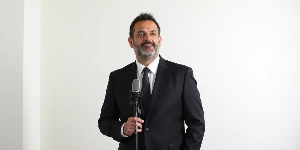 a man in a suit and tie standing in front of a microphone and a white background with a white wall,