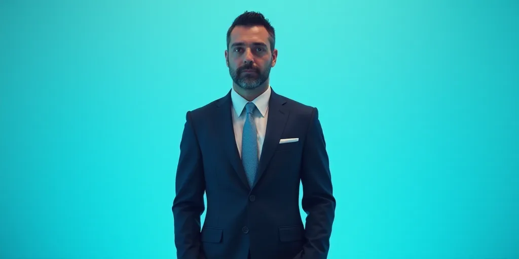 a man in a suit and tie standing in front of a blue background with a caption for juan pablo de boto