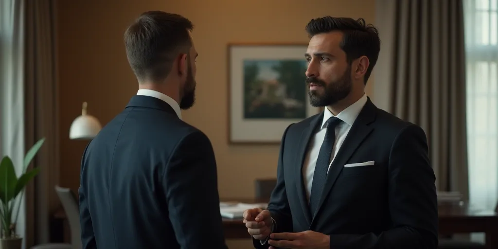 a man in a suit and tie standing next to a man in a suit and tie in front of a desk, Ei-Q, vfx, a st