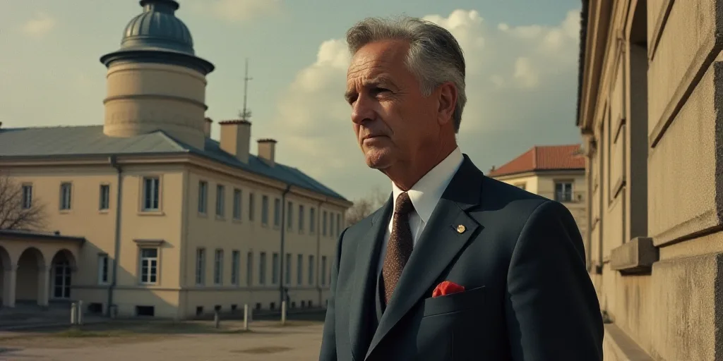 a man in a suit and tie standing in front of a building with a building in the background and a buil