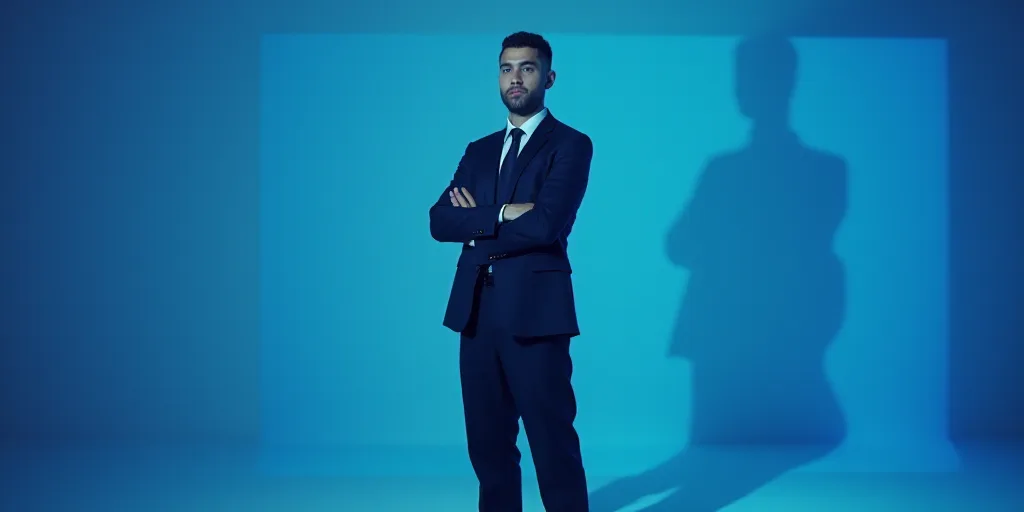 a man in a suit and tie standing with his arms crossed in front of him with a blue background, Estua